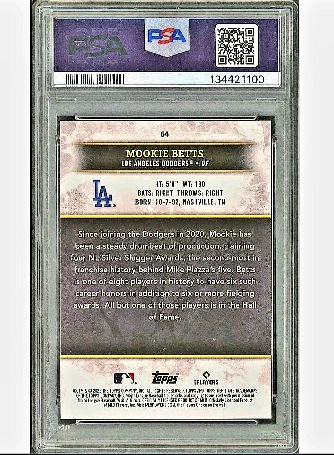 2025 Topps Tier One - Mookie Betts Red Foil /25 #64 PSA 8 view 2