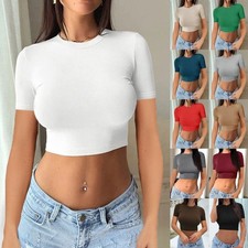 New Ladies Casual Short Sleeve Crop Tops Summer T-shirts Blouse Slim Fit Tee
