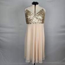 BooHoo Dress Women's 14 Pink Gold Sequins Midi Spaghetti Strap Ruffled Party NWT