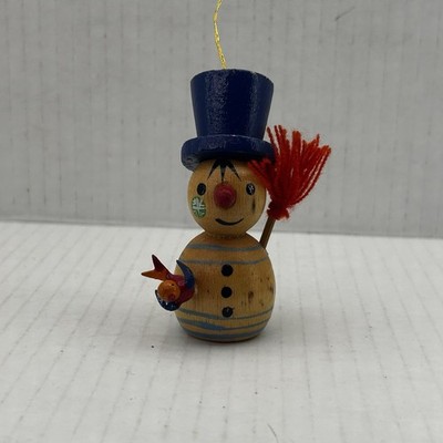 Vintage Steinbach Wooden Snowman with Broom & Bird Christmas Ornament Germany
