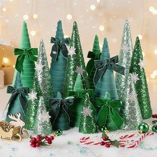 16 PCS Green Christmas Velvet Trees Cone Table Centerpiece 12/10/6/4 Inch