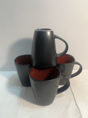 4 Gibson Elite Stoneware BLACK COFFEE CUPS Mugs Durable w Maroon Interior 1282