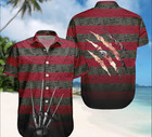 Freddy Krueger Hawaiian Shirt Shorts, Red Green Stripe Horror Costume Button Shi
