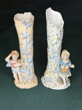 Two 1950s Delicate Porcelain Bud Vases – 5” Tall – Pastel Florals – Gold Accents