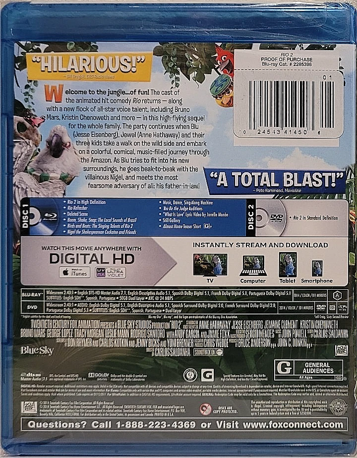 Rio 2 (Blu-ray/DVD, 2014) Jesse Eisenberg, Anne Hathaway - Brand New, Sealed! - Image 2 of 2