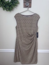 NWT Chaps Womens Size 14 Sleeveless Chevron Ruched Sheath Dress Gold Champagne
