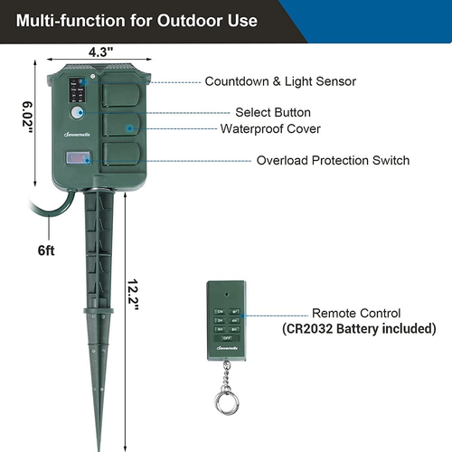 Outdoor Power Stake Timer Waterproof Remote 6 Outlets 6ft Cord Dusk to Dawn NEW - Picture 6 of 8