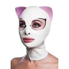 Latex Hood with Pink Cat Ears Open Eyes Mouth Fetish Rubber Mask Back Zipper UK
