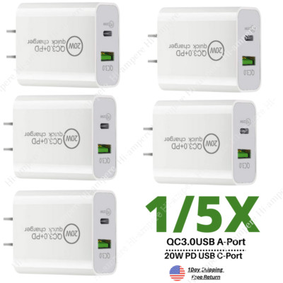 1/5x 20W PD QC3.0 Fast Charger Dual Ports Adapter For iPhone 14 13 12 11 Samsung
