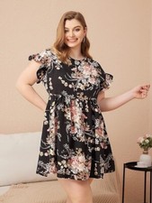 Women's Plus Size Blac Floral Print Ruffle Sleeve Pleated Short Dress 3XL
