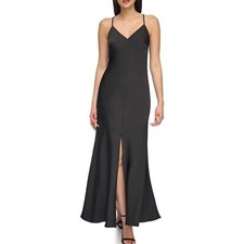 Vince Camuto Satin Maxi Slip Dress V Neck Spaghetti Strap Front Slit Black 4