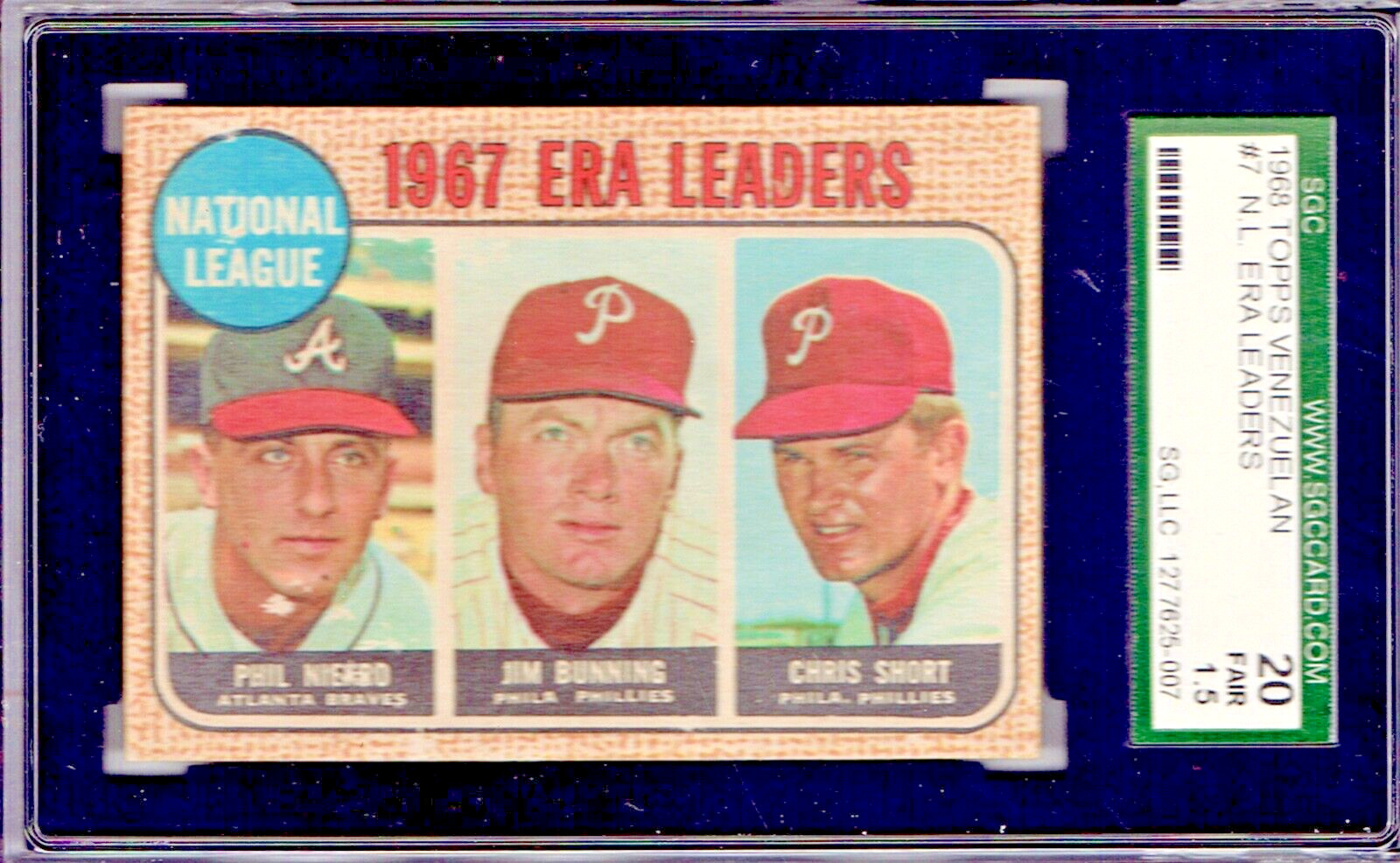 1968 TOPPS VENEZUELAN #7 NL ERA LEADERS - PHIL NIEKRO, JIM BUNNING, CHRIS SHORT