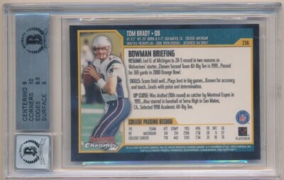 TOM BRADY 2000 BOWMAN CHROME #236 RC ROOKIE SIGNED AUTOGRAPH BGS 9