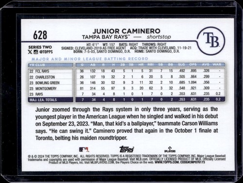 2024 Topps Series 2 #628 Junior Caminero Rookie RC Rays NM-MINT - Imagen 2 de 2