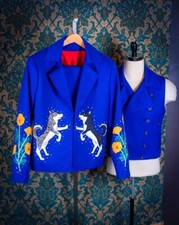 Mens 3Pc Customized Blue cotton Hand Embroidered Western Suit For Wedding Wear