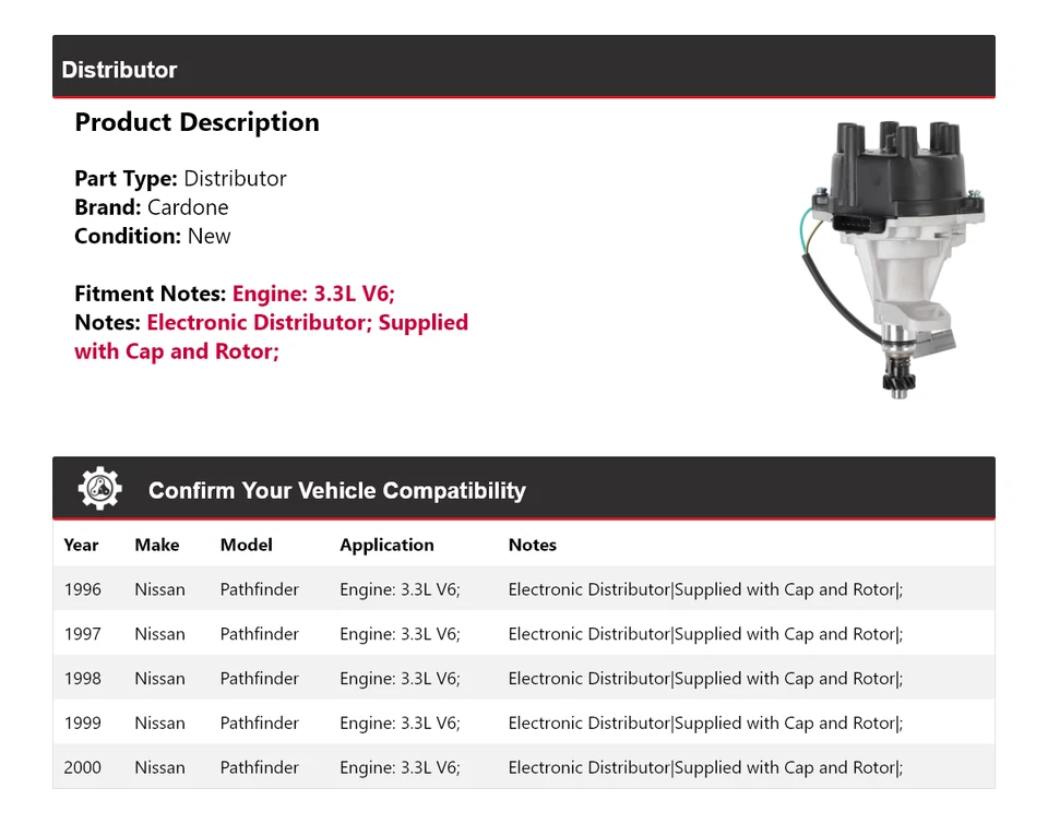 For 1996-2000 Nissan Pathfinder 3.3L V6 Distributor Cardone 1997 1998 1999 - Image 2 of 4
