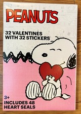 Peanuts 32 Valentines Cards Stickers Heart Seals Snoopy Charlie Brown Kids NEW