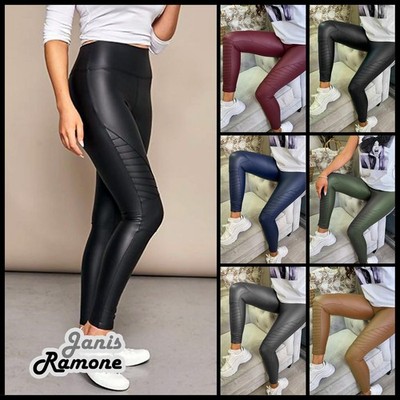 Damen Frauen Wetlook PU Kunstleder High Waist Leggings Stretchig Biker Hose