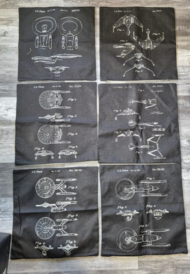 Lot of 6 Star Trek Square Clothe Place Mats Decor Blueprints Decorative Fabric