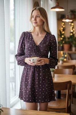 LEVI'S Vestido Mini Floral Mujer Talla M Morado/Oscuro V-Neck Manga Larga...