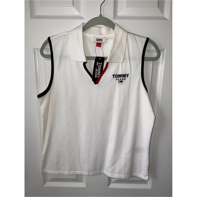 Y2K Tommy Jeans Sleeveless Polo Tank Top - White with Black Trim - Medium