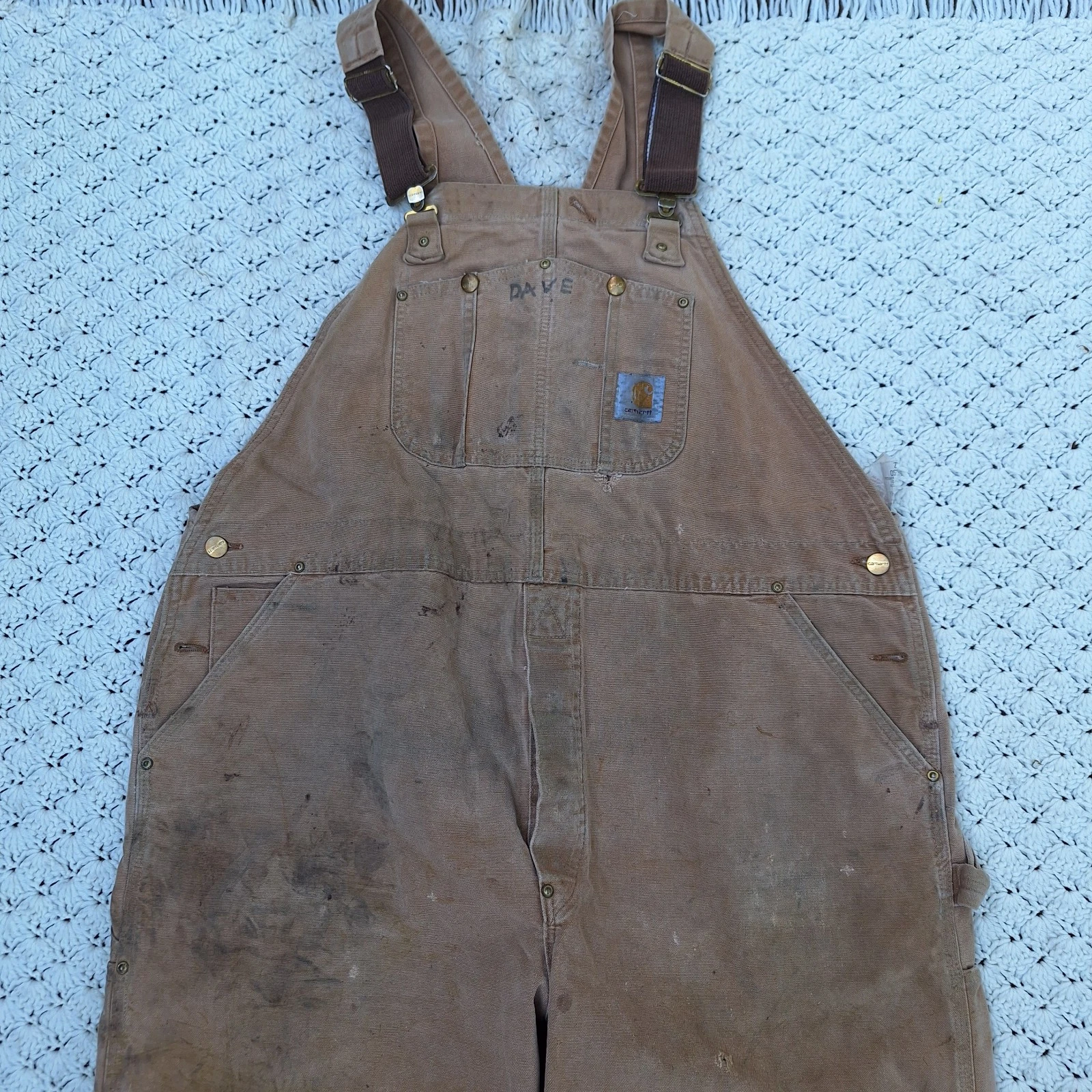 Vtg Carhartt Canvas Bib Overalls Double Knee Distressed Tan USA Made - 46x30
