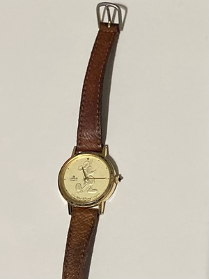 #ad Lorus Mickey Mouse Gold Dial Quartz WristWatch Leather Strap Stainless Steel $25.30