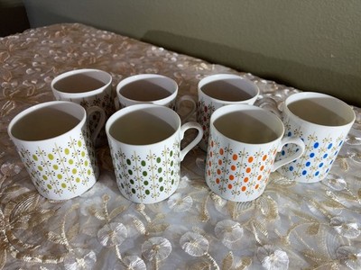 Vintage MCM Different Colored Set (7) Coffee Tea Espresso Mugs Atomic Star Japan