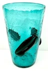 Blenko Hand Blown Art Glass Teal Crackle Vase w/ Applied Black Leaves