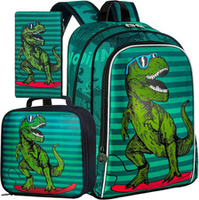 3PCS Kids Dinosaur Backpack for Boys, 16" Kids Bookbag with Lunch Box, Water Res