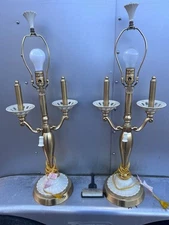 2 Vintage Lenox Candelabra Quoizel style Porcelain Table Lamp with brass accents