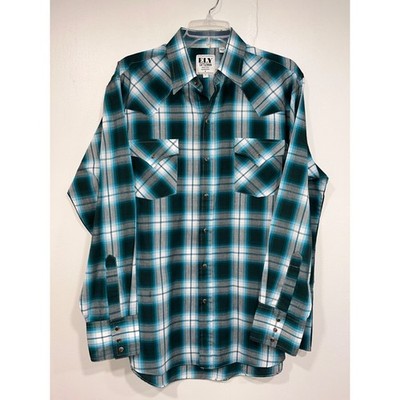Ely Cattleman Pearl Snap Western Shirt Mens Large Long Sleeve Green White Plaid