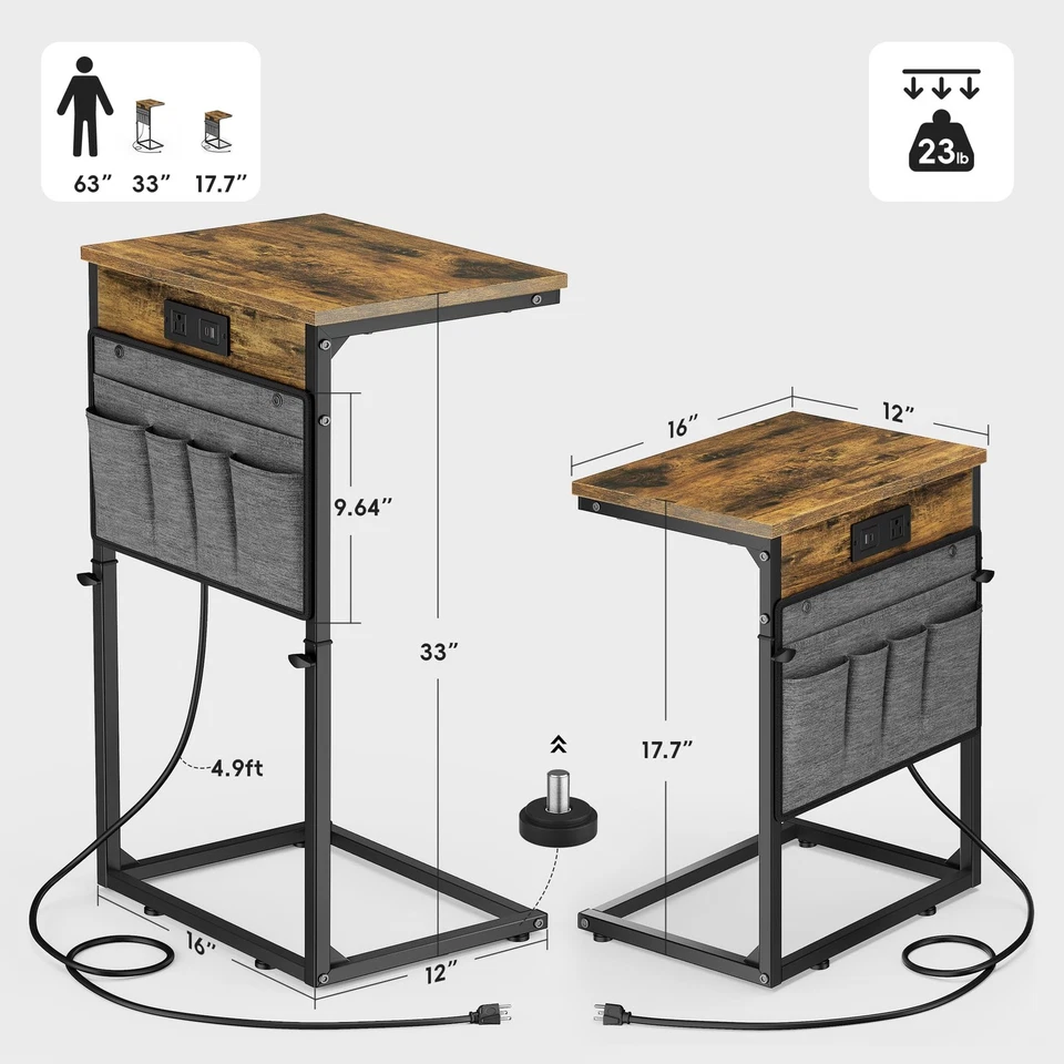 Mesa auxiliar de sofá, diseño en forma de C, deslizable debajo del sofá, carga, marrón Foto 2 de 4