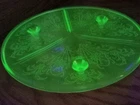 Vintage Green Depression Uranium Glass Divided Relish Tray Plate 10"Glow inDark