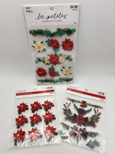 3 PKGS CHRISTMAS 3D STICKER EMBELLISHMENTS Poinsettia Holly Garland Bells