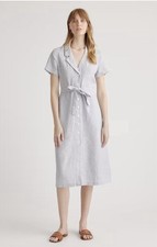 Quince Dress Button Front 100% European Linen Size XL Blue Pinstripe