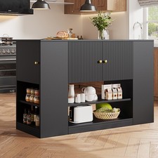Black Kitchen Island with Fold-Out Table, Drawers & Shelves, 140cm