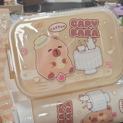 Capybara Cartoon Plastic Lunch Box Set 2-Compartment Snap Lid w/ Fork