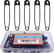 60PCS-3Inch Large Black Safety Pins, Rust-Resistant Nickel Plated Steel, Shar...