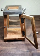 Vintage Rop Handle 9" Wooden Candle Lantern Large Brown Glass Candle House