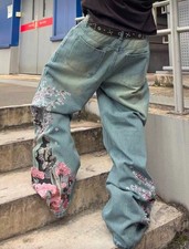 Men s Baggy Wide Leg Denim Jeans Embroidered Graphic Loose Fit Casual Pants