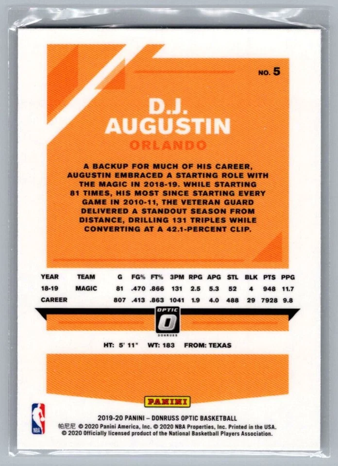 2019-20 Donruss Optic D.J. Augustin Orlando Magic #5 - Image 2 of 2