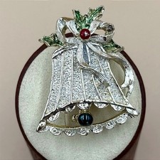 Vintage Gerry's Silver-Tone Enamel Tied Bow Bell Christmas Holiday Brooch Pin