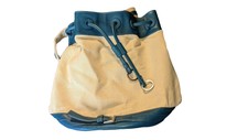 Via Spiga Large Bucket Drawstring Bag Teal Green Leather And Canvas