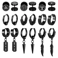 9 Pairs Stainless Steel Punk Y2K Black Dangle Earrings Mens Viking Stud Hoop