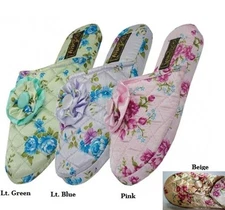 Womens Satin Floral House Slippers Lt Green Lt Blue Pink Beige S M L XL