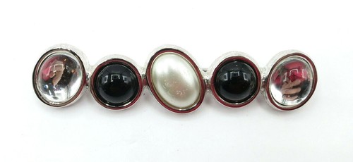 SAL Swarovski Silvertone Clear, Black Crystal Faux Pearl Cabochon Bar Brooch Pin - Picture 2 of 9