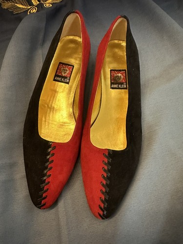 Anne Klein Vnt Y2K Damenschuhe 7,5 rot schwarz Leder flach Zickzack