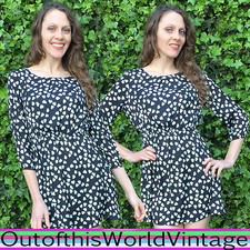 HEARTS PRINT DRESS mini little black dress XXI white vintage 80s style Sz Small