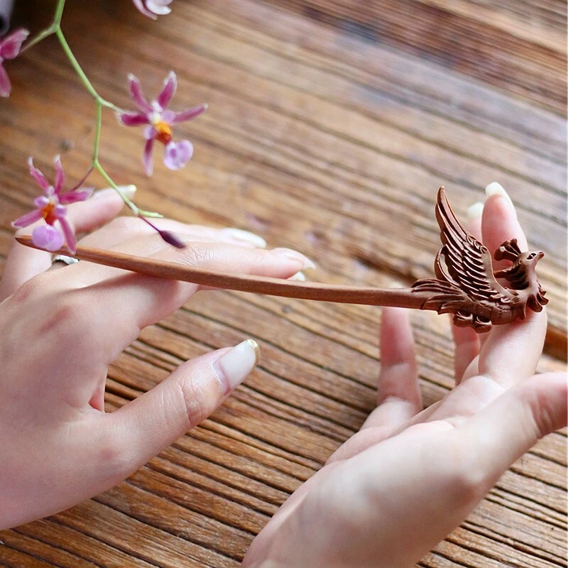 Peach Wood Carved Hair Pin Stick Phoenix Type Fork Updo Bun Outfit Decor - Image 2 of 4